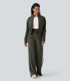 2026🔥 Ribbed SoCinched High Waisted Tummy Control Drawstring Wide Leg Color Block Casual Trousers with Pockets