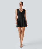 V Neck Sleeveless Decorative 2-Piece Mini Casual Dress with Pocket