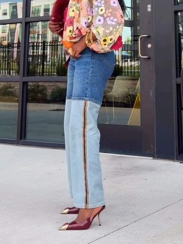 Fashion Bleach Wash Color Blocked Jeans