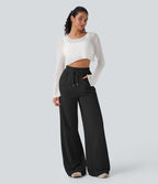 High Waisted Drawstring Cinchable Hem Wide Leg Casual Pants with Pockets