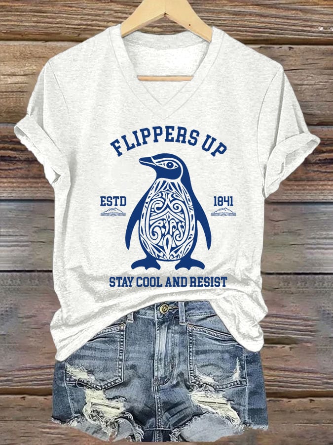 🔥Buy 3 Get 15% Off🔥Women's Penguins Flippers Up Printed V Neck T-shirt
