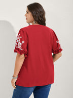 Notched Collar Embroidered Ruffled Blouse