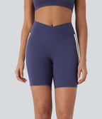 Crossover Mid Rise Color Block Stripe Yoga Biker Shorts 7''