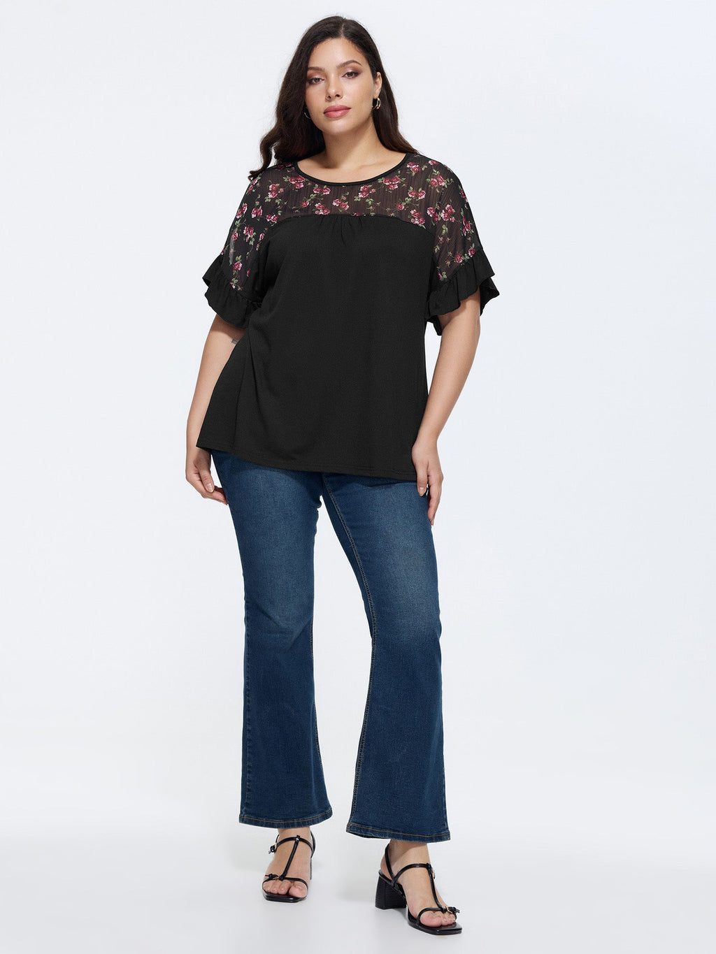 Sheer Floral Print Contrast Knit Top