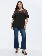 Sheer Floral Print Contrast Knit Top