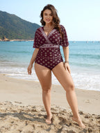 Boho Print Mesh Ruched Crisscross One-Piece Swimsuit