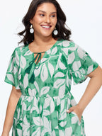 Leaf Print Neck-Tie Flowy Midi Dress