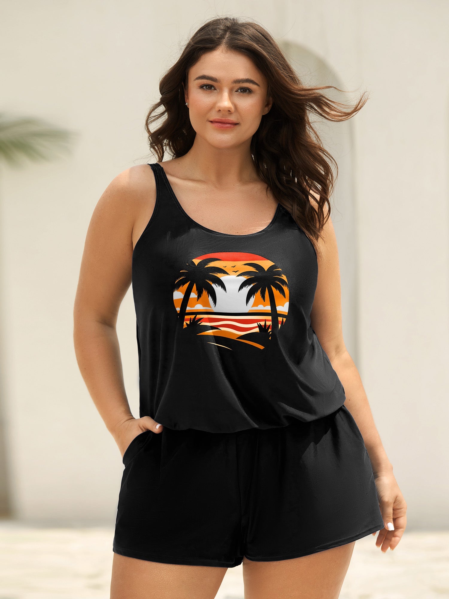 Island Pattern Pockets One-Piece Swimsuit