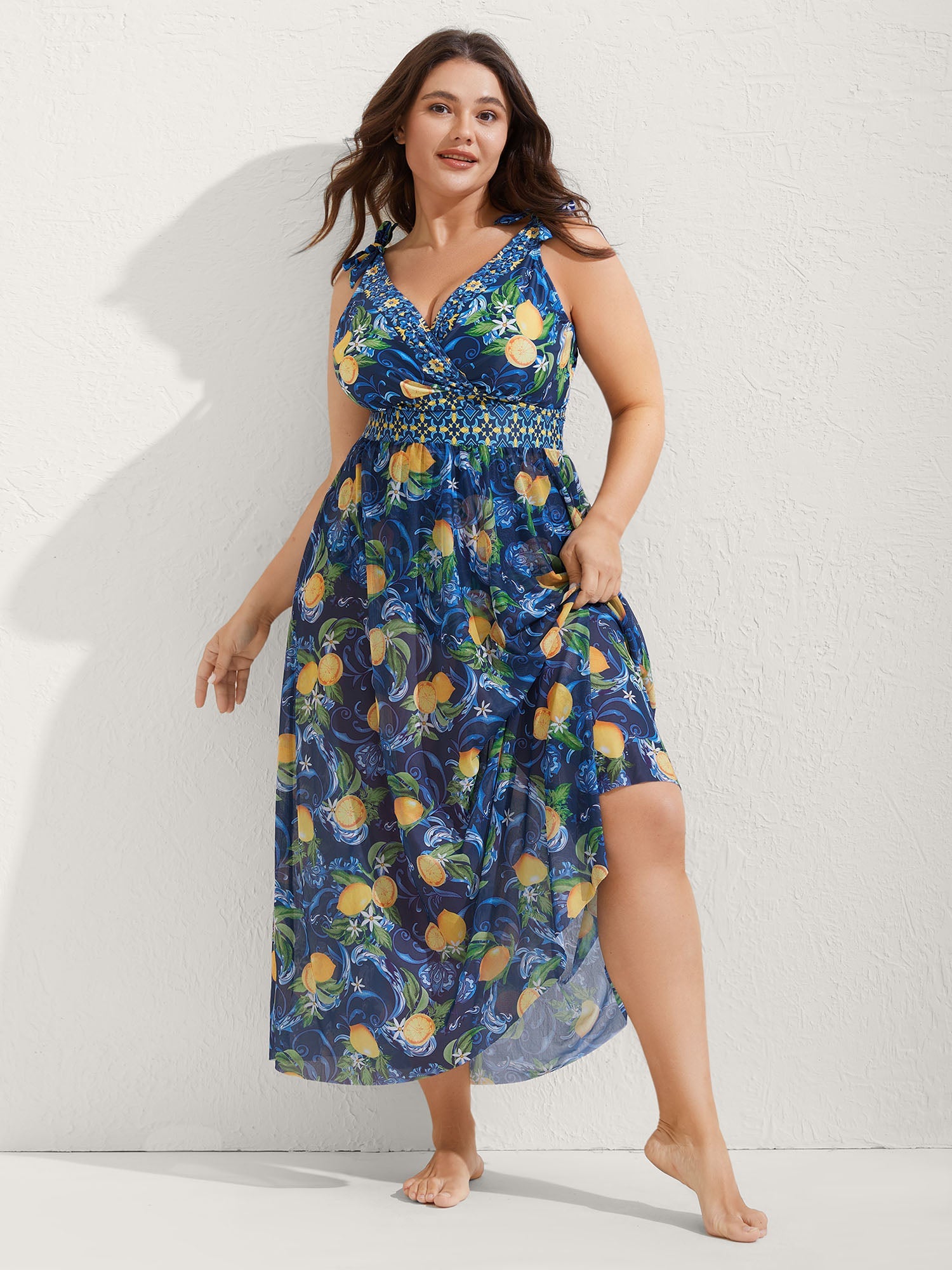 Two-Piece Citrus Print Sarong Swimsuit