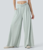 Mid Rise Crossover Ruched Wide Leg Casual Pants with Pockets
