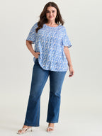 Floral Ruffle Sleeve Gathered Round Neck Blouse