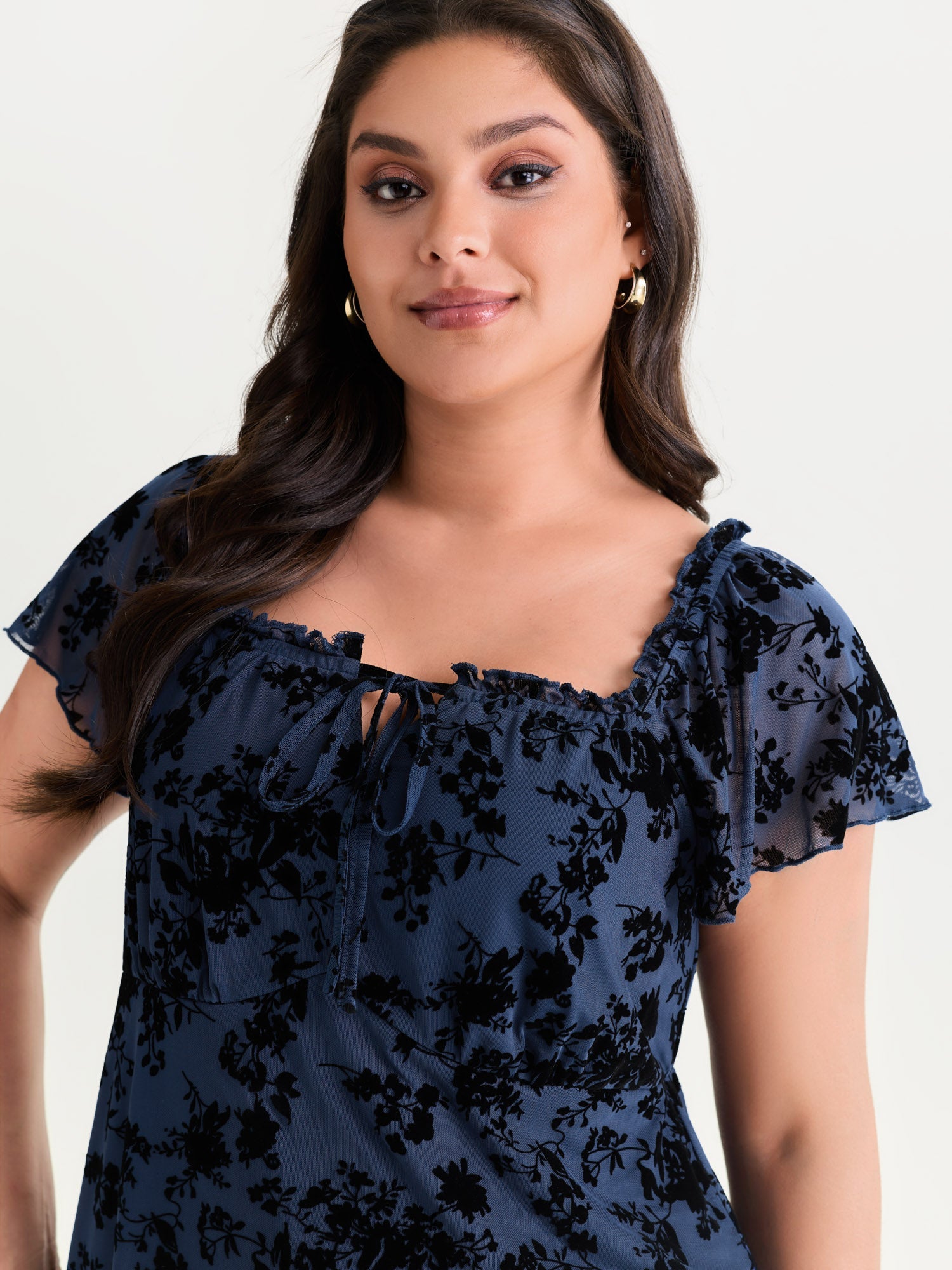 Flocked Floral Drawstring Neckline Knit Top
