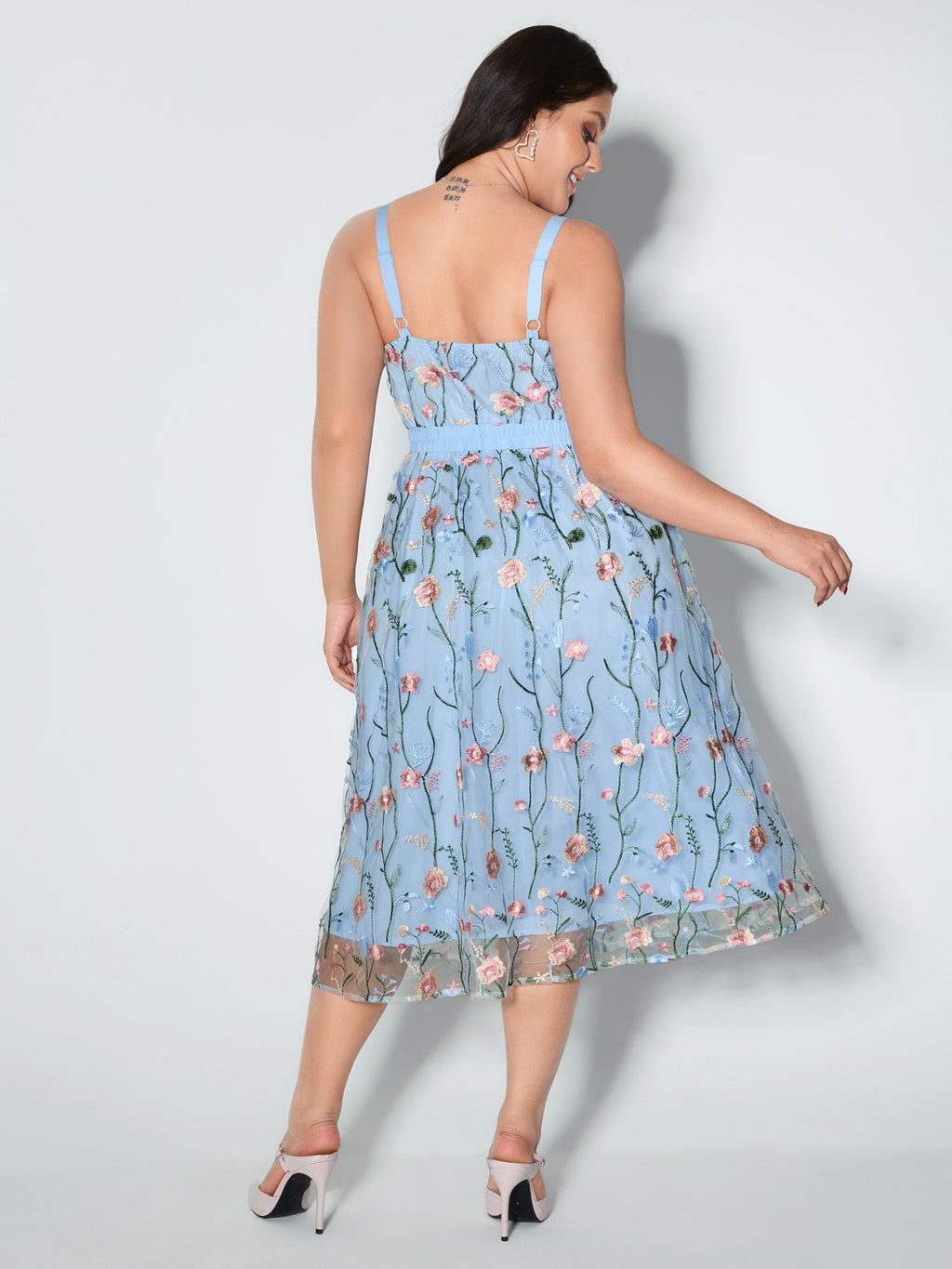 Floral Embroidered Lined Sleeveless Midi Dress