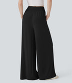 Mid Rise Crossover Ruched Wide Leg Casual Pants with Pockets