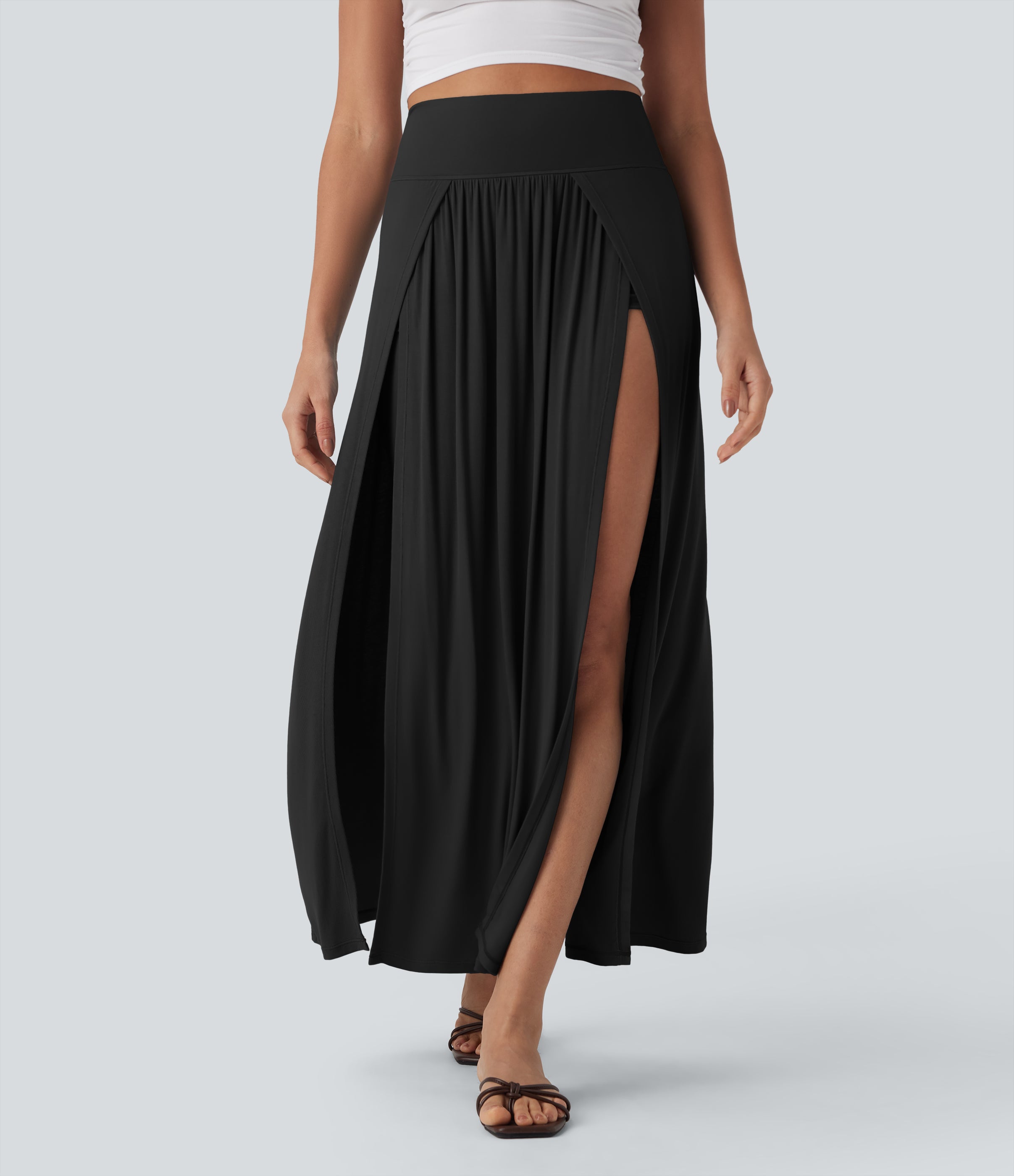 SoCinched Ribbed High Waisted Tummy Control Draped 2-in-1 Maxi Casual Skirt