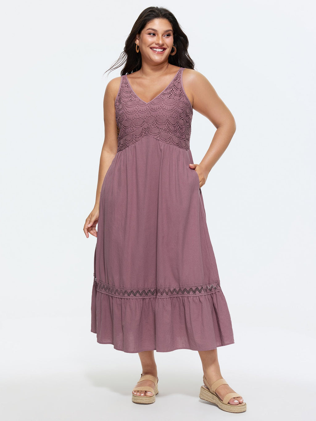 Cotton Textured Bodice Lace Trim Flowy Maxi Dress