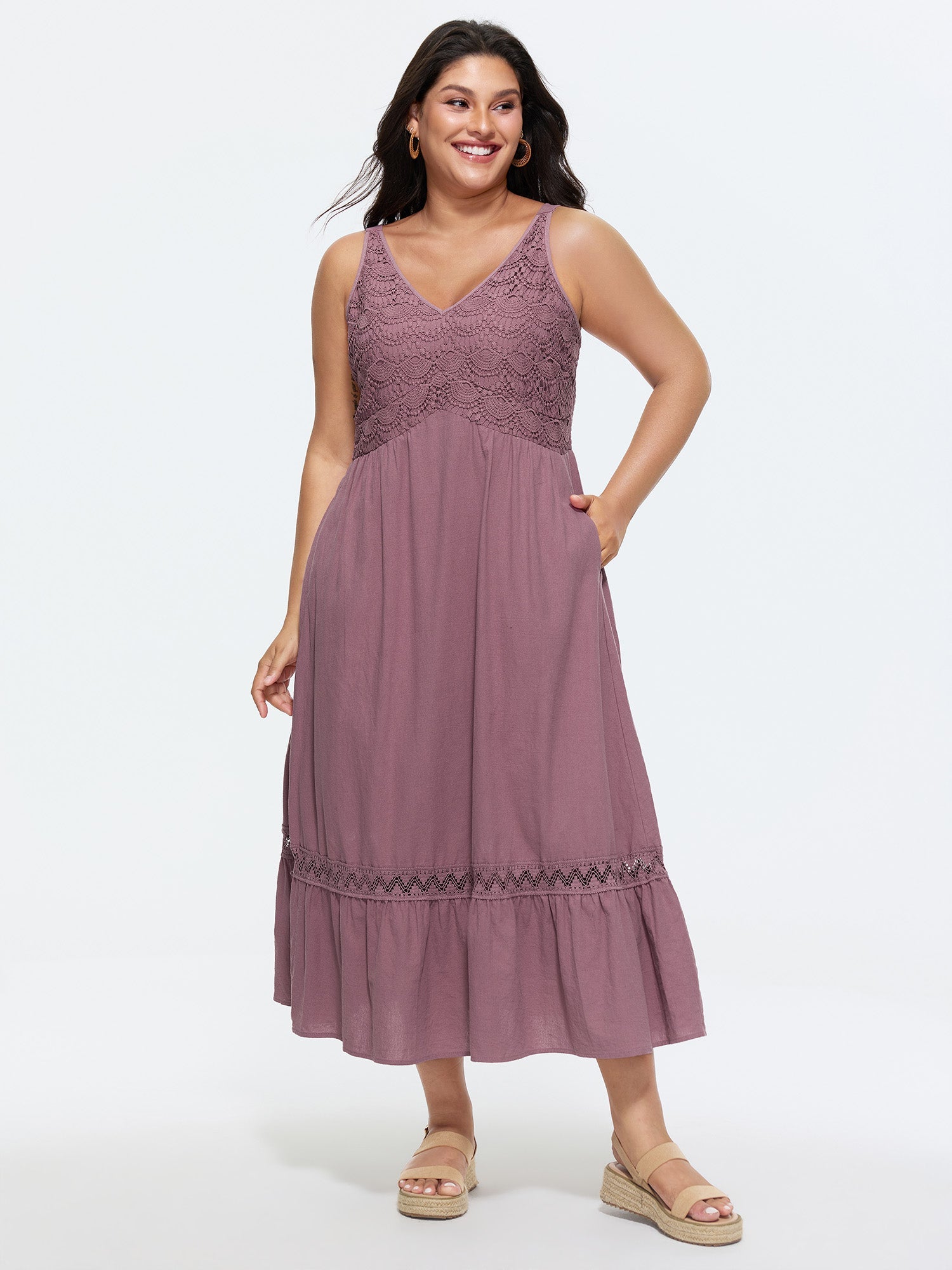 Cotton Textured Bodice Lace Trim Flowy Maxi Dress
