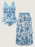Two-Piece Floral Print Ruched Mesh Swimsuit, Sarong