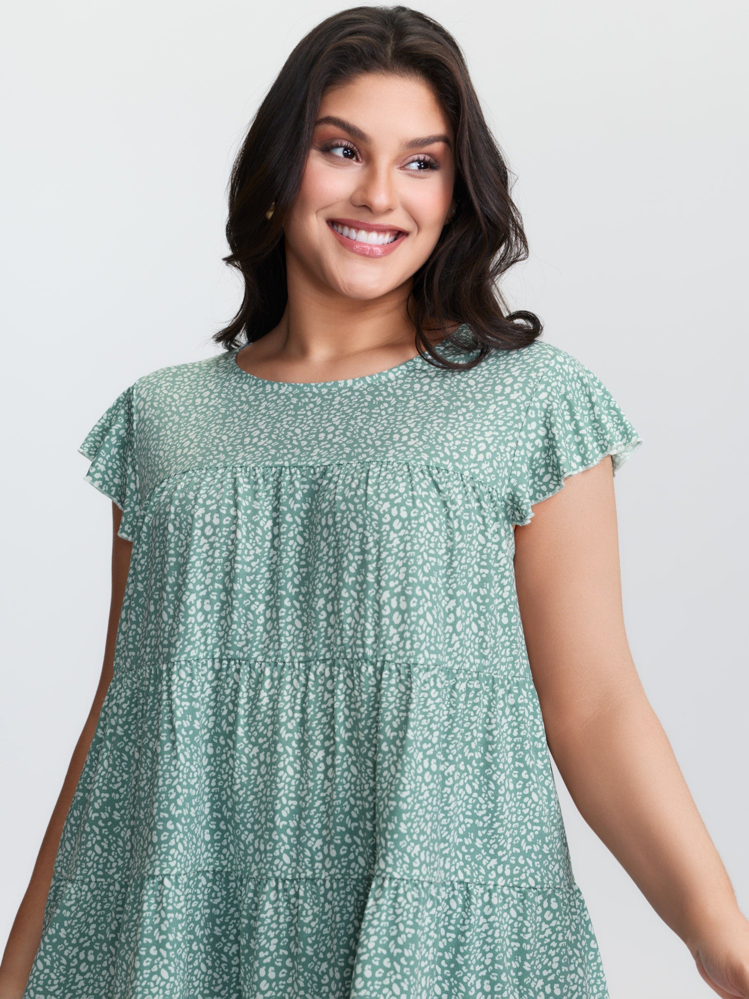 Leopard Print Tiered Flutter Sleeve Knit Top