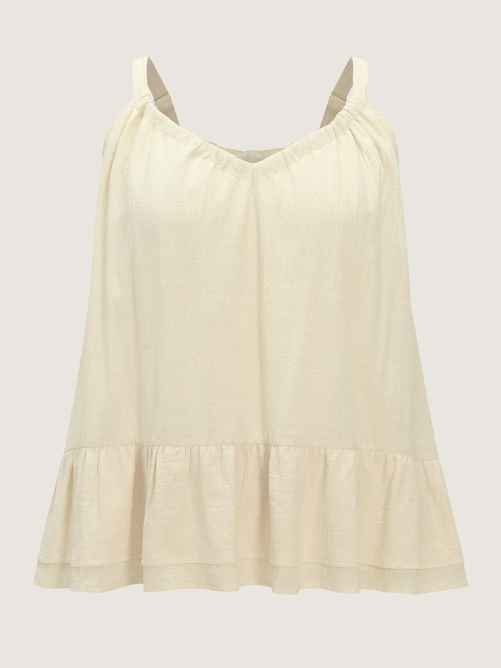 Cotton Linen Ruffled Hem Pleated Neckline Tank Top