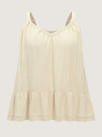 Cotton Linen Ruffled Hem Pleated Neckline Tank Top