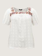 Eyelet Trim Floral Embroidered Solid T-Shirt