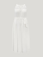 Cotton Sheer Lace Neckline Waist-Tie Maxi Dress