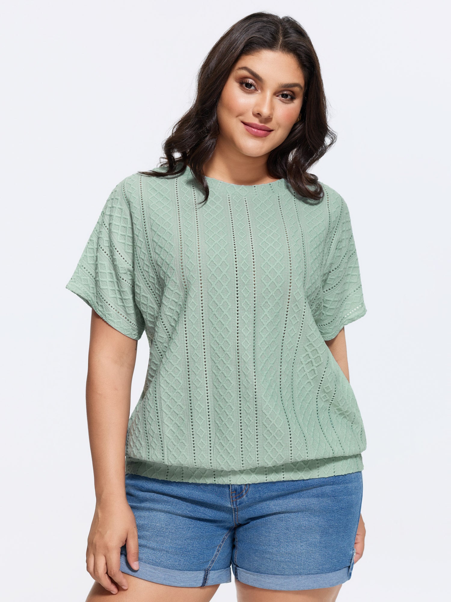 Eyelet Trim Stretchy Textured Plain Top