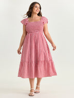 Cotton Gingham Print Shirred Bodice Midi Dress