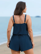 Solid Keyhole Elastic Waist Gathered One Piece Swimsuit