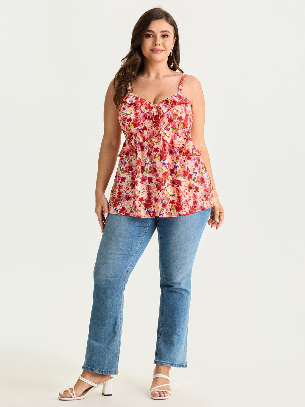 Floral Print Ruffled Edges Tank Top
