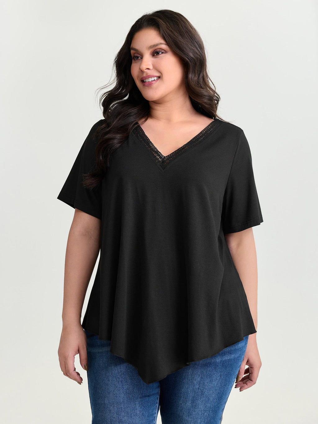 Supersoft Stretchy Draped Lace Trim Plain T-Shirt