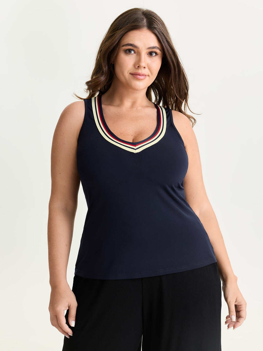 Stretchy Color Contrast Neckline Tank Top
