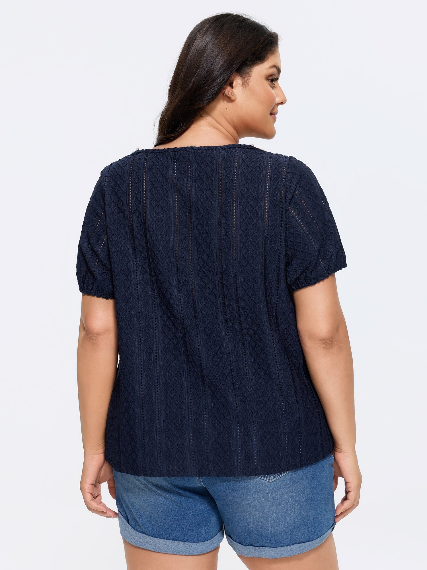 Eyelet Trim Floral Embroidered Solid T-Shirt