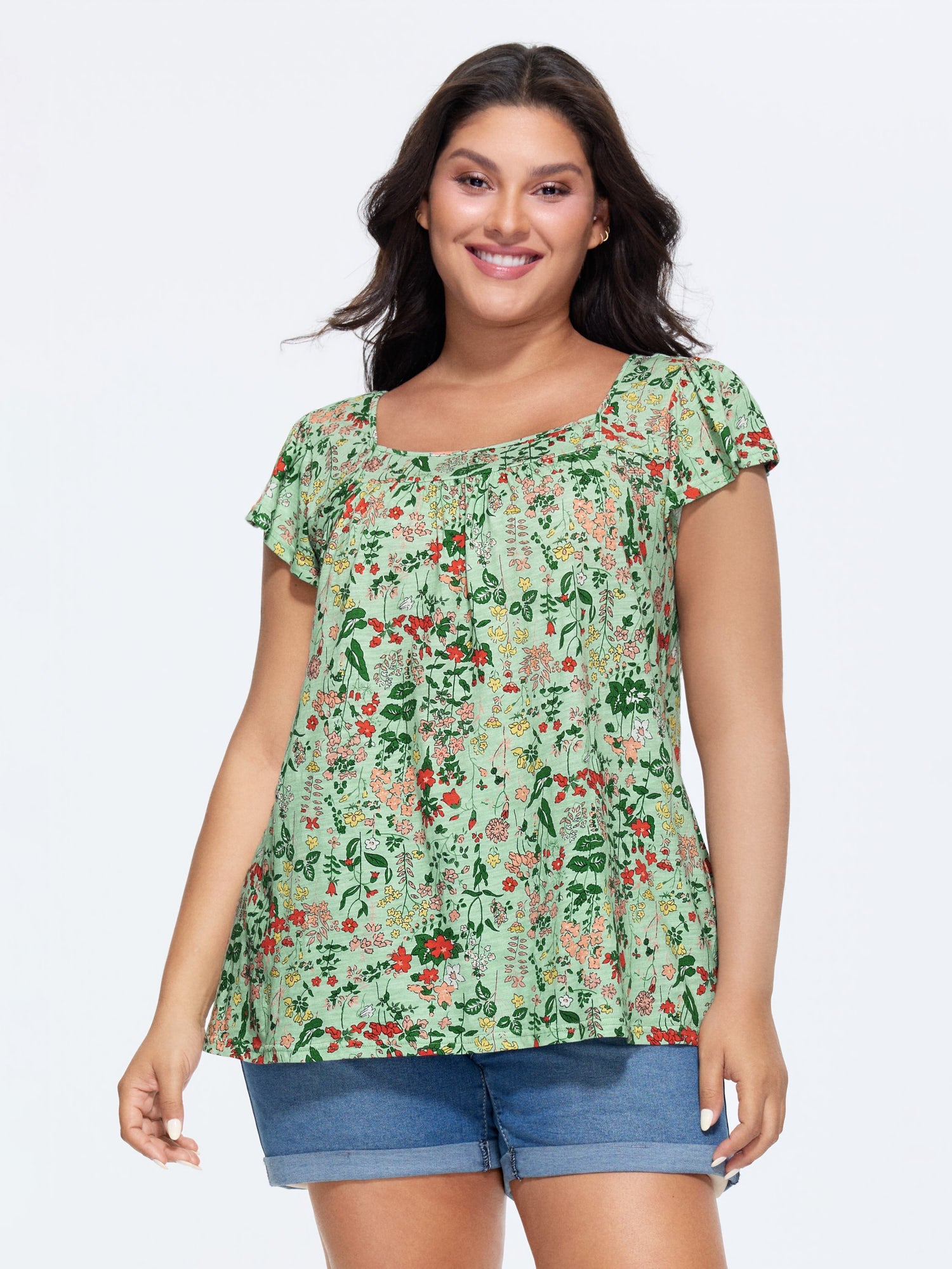 Pure Cotton Floral Print Square Neck Top