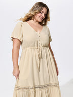 Linen Blend Lace Trim Button Detail Plain Maxi Dress