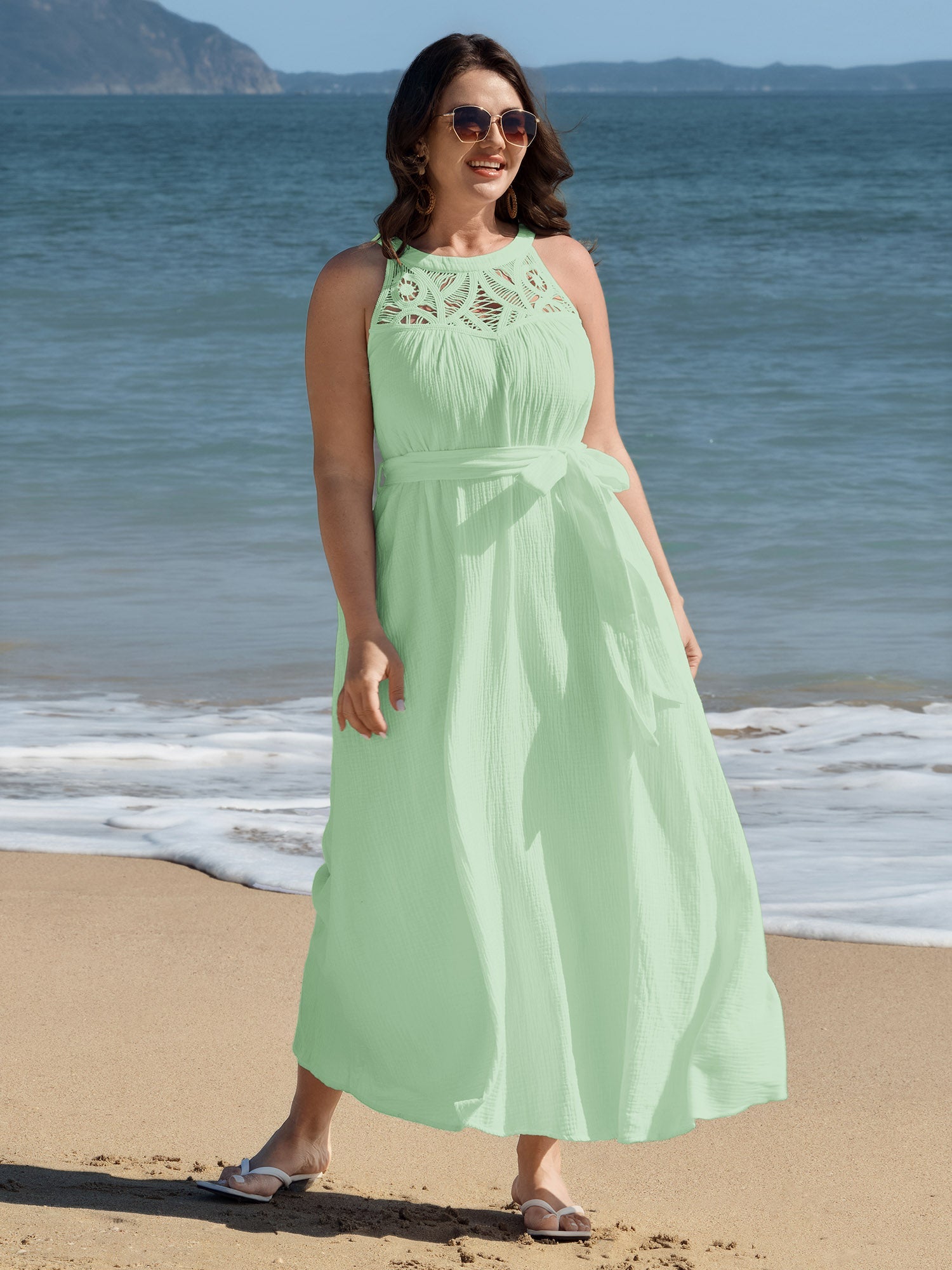 Cotton Sheer Lace Neckline Waist-Tie Maxi Dress