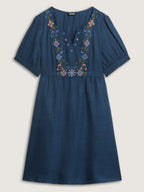 Floral Embroidered Neckline Textured Mini Dress