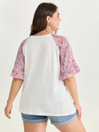 Cotton Floral Print Color Contrast Flared Sleeve T-Shirt
