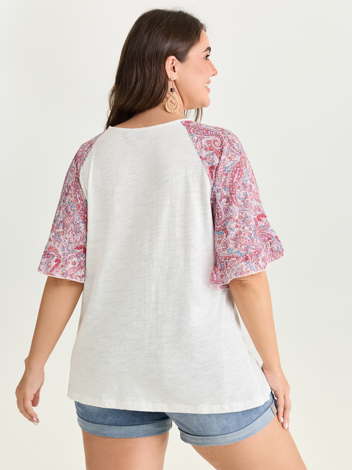 Cotton Floral Print Color Contrast Flared Sleeve T-Shirt