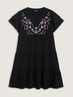 Embroidered Neckline A-Line Ruffled Knee-Length Dress