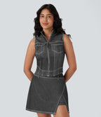 FlexTM Stand Collar Zipper Cool Touch Washed Denim Tennis Tank Top