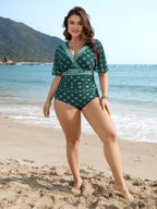 Boho Print Mesh Ruched Crisscross One-Piece Swimsuit