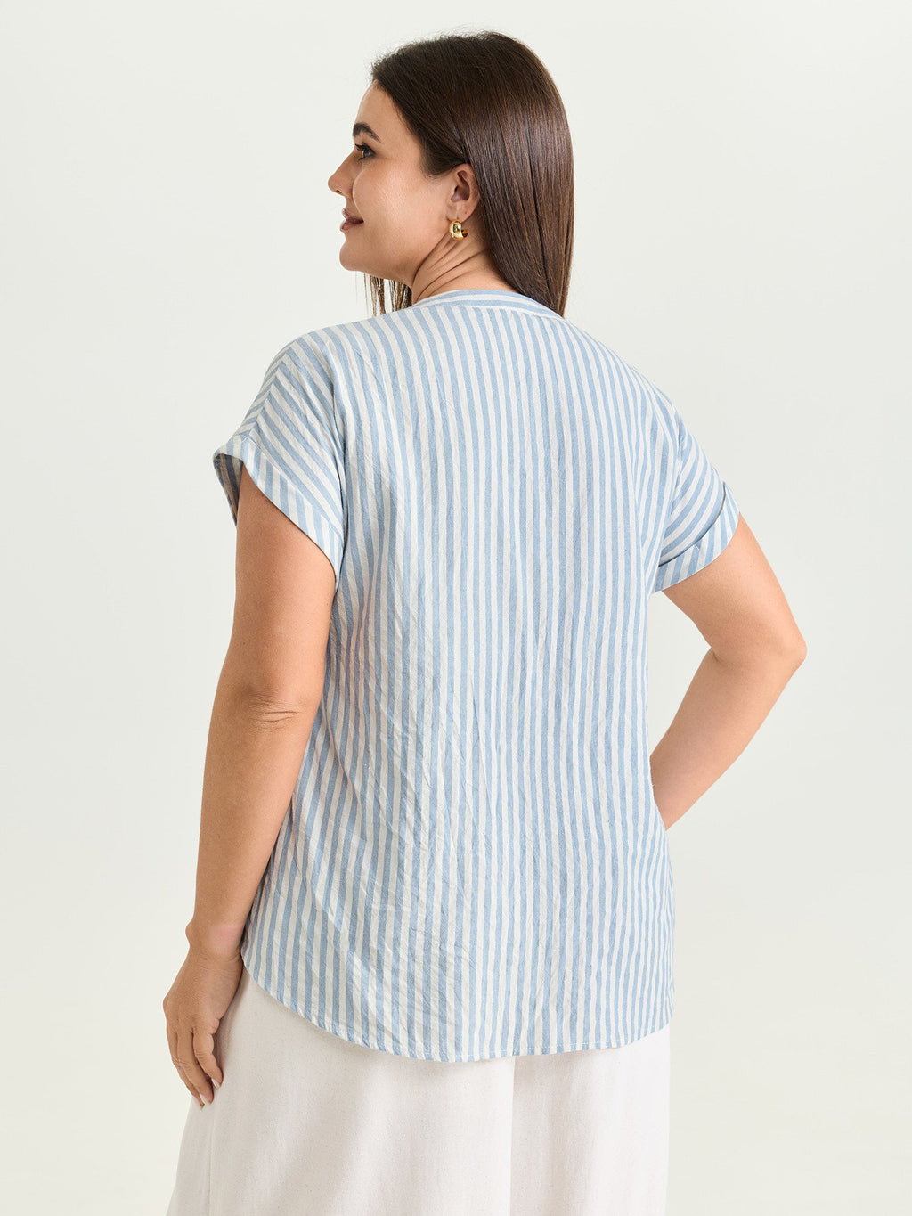Cotton Striped Print Pockets Curvy Fit Blouse