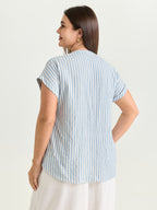 Cotton Striped Print Pockets Curvy Fit Blouse