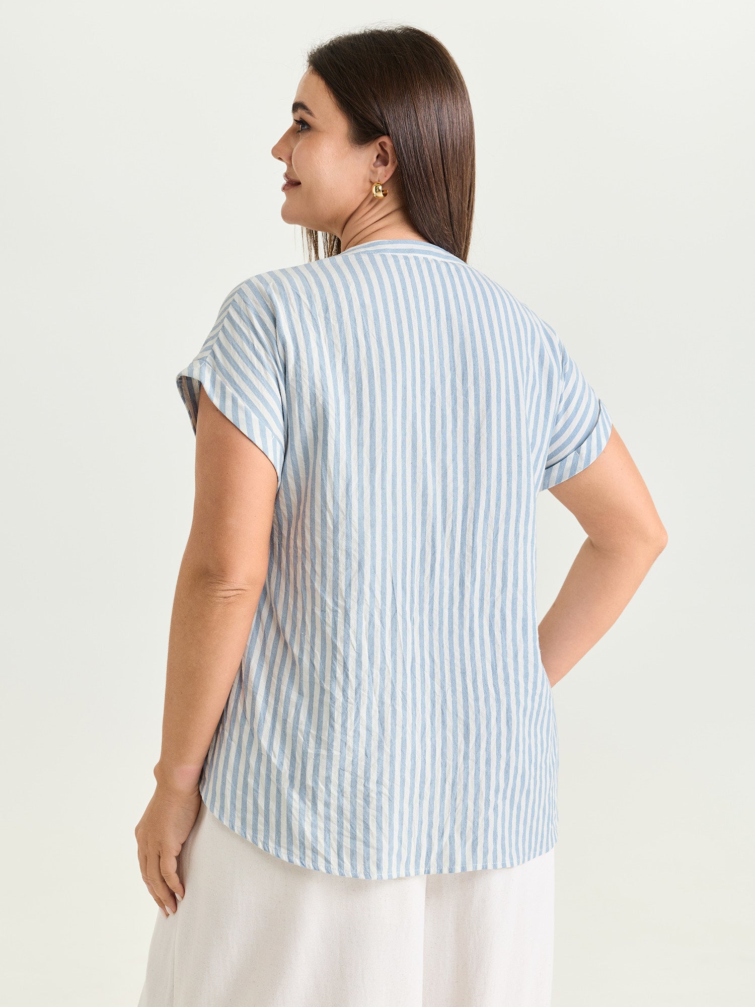 Cotton Striped Print Pockets Curvy Fit Blouse
