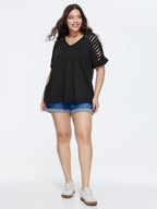 Cut-Out Sleeve V Neck T-Shirt