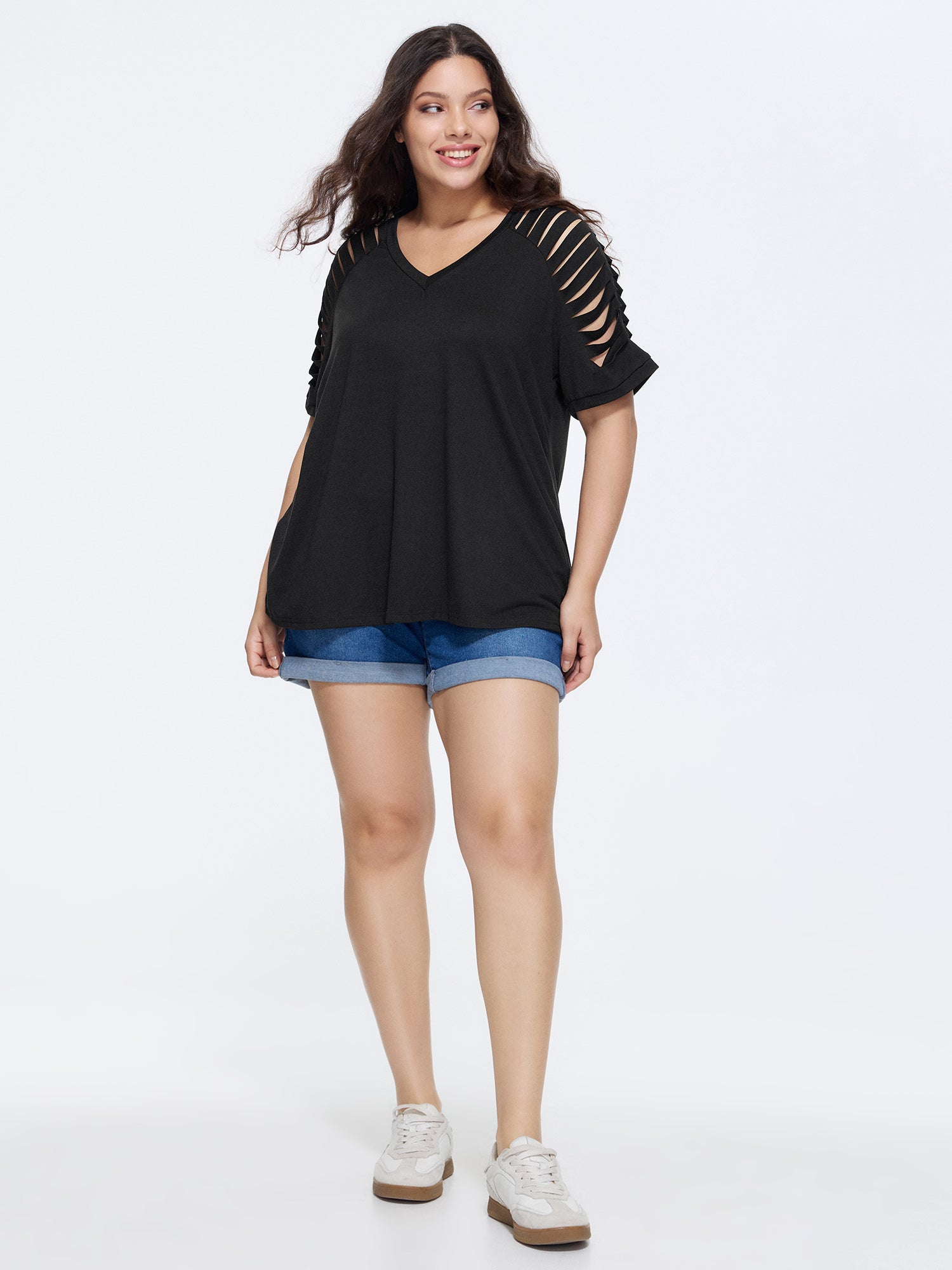 Cut-Out Sleeve V Neck T-Shirt
