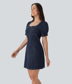 FlexTM Square Neck Short Sleeve Zipper Denim Mini Casual Dress