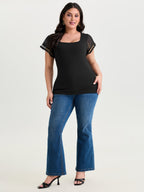 Sheer Ruffled Sleeve Square Neck Knit Top